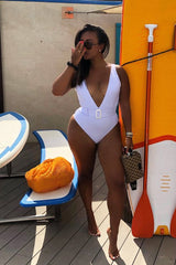 White Extreme Plunge Belted Swimsuit - Elvi