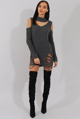 Grey Knitted Cut Out Front Cold Shoulder Distressed Jumper Dress - Jamie