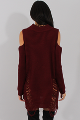 Red Knitted Cut Out Front Cold Shoulder Distressed Jumper Dress - Jamie