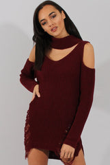 Red Knitted Cut Out Front Cold Shoulder Distressed Jumper Dress - Jamie