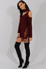 Red Knitted Cut Out Front Cold Shoulder Distressed Jumper Dress - Jamie