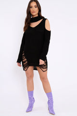 Black Knitted Cut Out Front Cold Shoulder Distressed Jumper Dress - Jamie