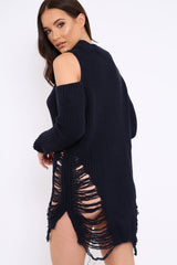 Navy Knitted Cut Out Front Cold Shoulder Distressed Jumper Dress - Jamie