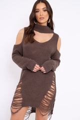 Mocha Knitted Cut Out Front Cold Shoulder Distressed Jumper Dress - Jamie