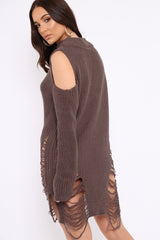 Mocha Knitted Cut Out Front Cold Shoulder Distressed Jumper Dress - Jamie