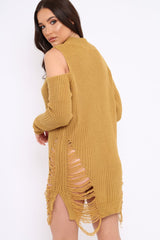 Mustard Knitted Cut Out Front Cold Shoulder Distressed Jumper Dress - Jamie