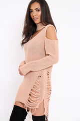 Pink Knitted Cut Out Front Cold Shoulder Distressed Jumper Dress - Jamie