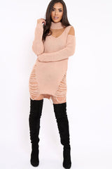 Pink Knitted Cut Out Front Cold Shoulder Distressed Jumper Dress - Jamie
