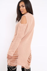 Pink Knitted Cut Out Front Cold Shoulder Distressed Jumper Dress - Jamie