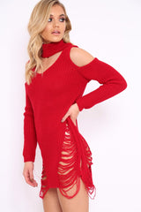Red Knitted Cut Out Front Cold Shoulder Distressed Jumper Dress - Jamie