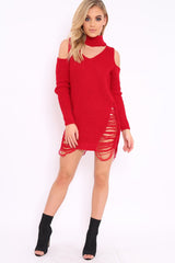 Red Knitted Cut Out Front Cold Shoulder Distressed Jumper Dress - Jamie