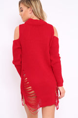 Red Knitted Cut Out Front Cold Shoulder Distressed Jumper Dress - Jamie