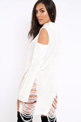 White Knitted Cut Out Front Cold Shoulder Distressed Jumper Dress - Jamie