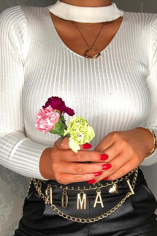 White Rib Knit Choker Cut Out Jumper - Jamisen