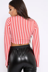 Red Stripe Knot Front Crop Top with Flare Sleeves - Jamison