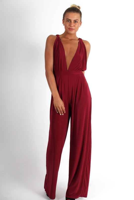 Jan Wine Deep V Jumpsuit