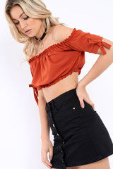Rust Ruched Bardot Gypsy Crop Top - Janette