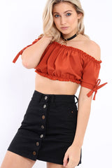 Rust Ruched Bardot Gypsy Crop Top - Janette