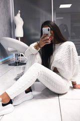 Cream Cable Knit Batwing Jumper Loungwear Set - Janea
