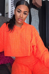 Neon Orange Cable Knit Batwing Jumper Loungwear Set - Janea