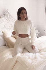 Cream Cable Knit Batwing Jumper Loungwear Set - Janea