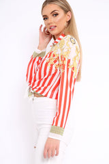 Red and White Striped Shirt with Gold Scarf Print Detail - Jalana