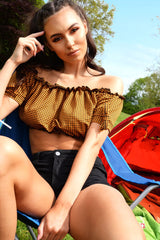 Mustard Gingham Ruched Bardot Gypsy Crop Top - Janette