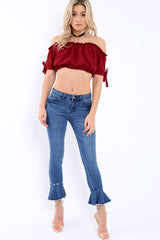Wine Ruched Bardot Gypsy Crop Top - Janette