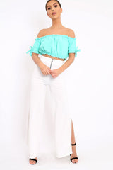 Turquoise Ruched Bardot Gypsy Crop Top - Janette