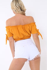 Mustard Ruched Bardot Gypsy Crop Top - Janette