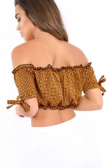 Mustard Gingham Ruched Bardot Gypsy Crop Top - Janette