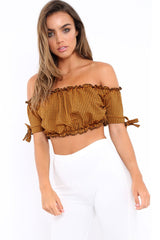 Mustard Gingham Ruched Bardot Gypsy Crop Top - Janette