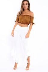 Mustard Gingham Ruched Bardot Gypsy Crop Top - Janette