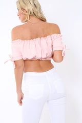 Pink Ruched Bardot Gypsy Crop Top - Janette
