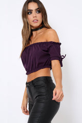 Purple Ruched Bardot Gypsy Crop Top - Janette