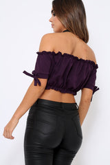 Purple Ruched Bardot Gypsy Crop Top - Janette