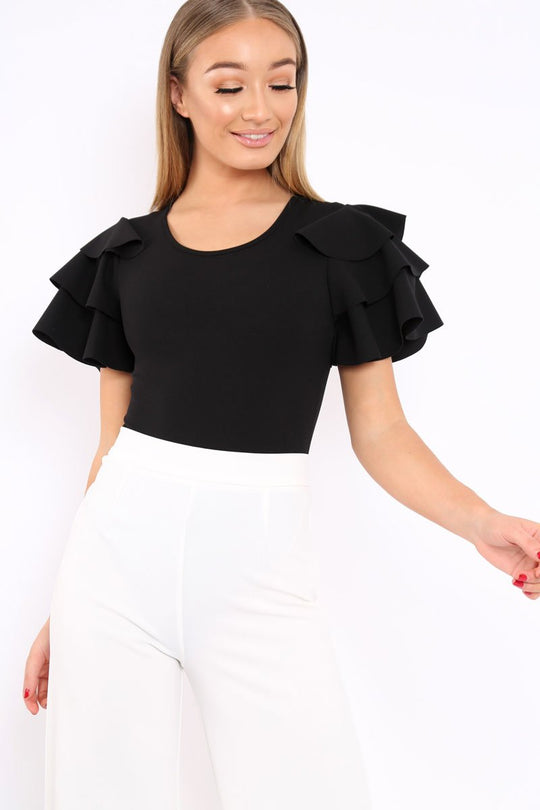 Black Bodysuit Frill Arms - Janeva