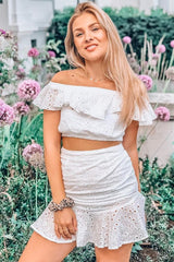 White Broderie Lace Bardot Crop Top Skirt Co-Ord - Dahlia