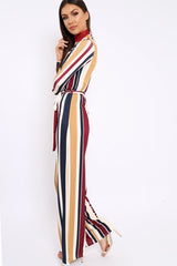 Wine Plunge Front Multi Stripe Jumpsuit - Jara
