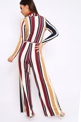 Wine Plunge Front Multi Stripe Jumpsuit - Jara