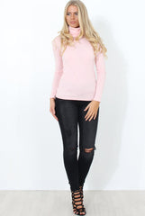 Jaro Pink Ribbed Cowl Neck Top