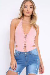Rose Lace Up Front And Cut Out Side Bodysuit - Jaslin