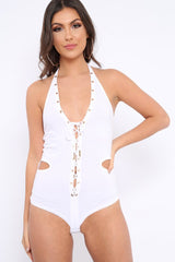 White Lace Up Front And Cut Out Side Bodysuit - Jaslin