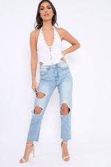 White Lace Up Front And Cut Out Side Bodysuit - Jaslin