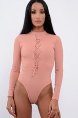 Rose Lace Up Ribbed Bodysuit - Jasmina