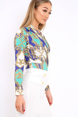 Blue and Green Scarf Print Wrap Front Bodysuit - Jasmina
