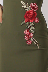 Khaki Bardot Frill Embroidered Dress - Jasmine