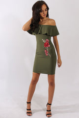 Khaki Bardot Frill Embroidered Dress - Jasmine