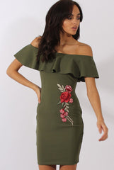 Khaki Bardot Frill Embroidered Dress - Jasmine