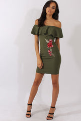 Khaki Bardot Frill Embroidered Dress - Jasmine